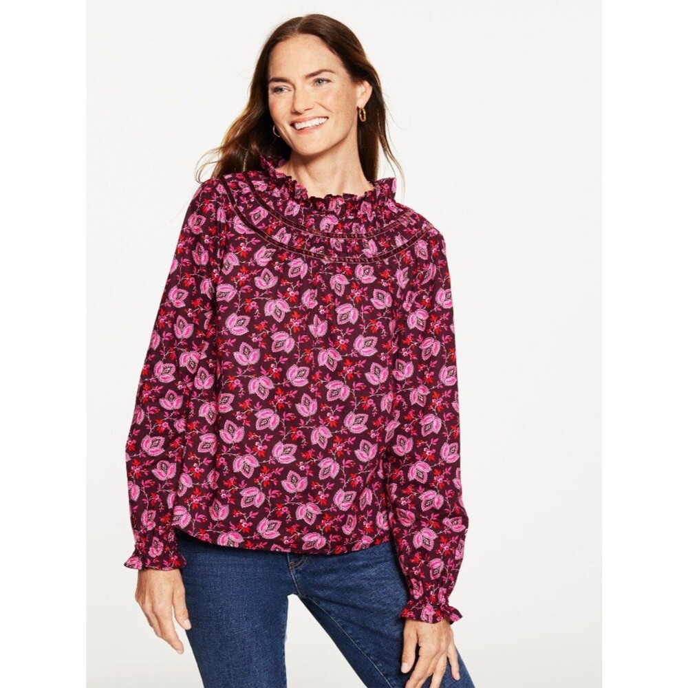 Talbots Velvet Trim Smocked Top Blouse Luminous Floral Size XL NWT